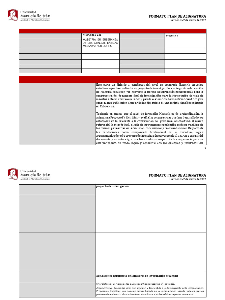 Plan de Asignatura - Proyecto II | PDF | Aprendizaje | Diseño