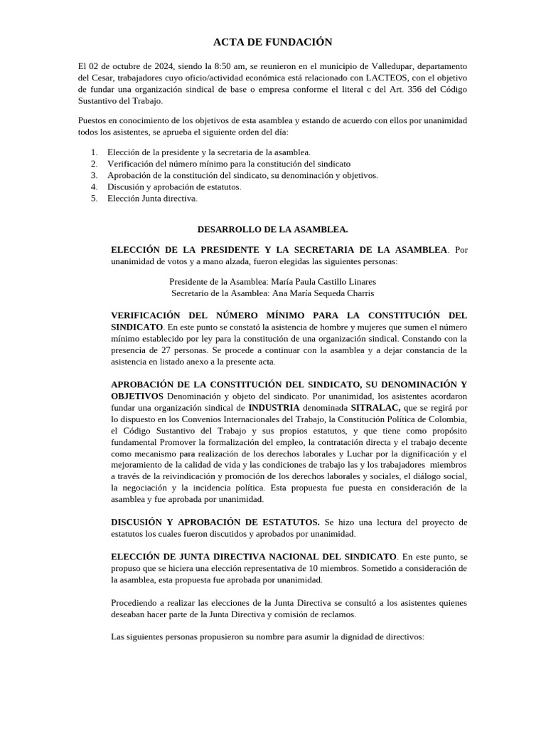 Fundación del Sindicato SITRALAC en Valledupar | PDF | Sindicato | Gobierno