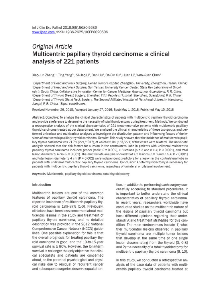Multicentric papillary thyroid carcinoma a clinical analysis of 221 ...