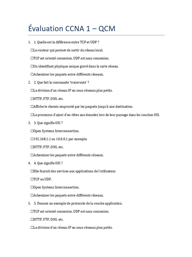 QCM CCNA 1 : Évaluation des connaissances | PDF | Protocoles Internet ...