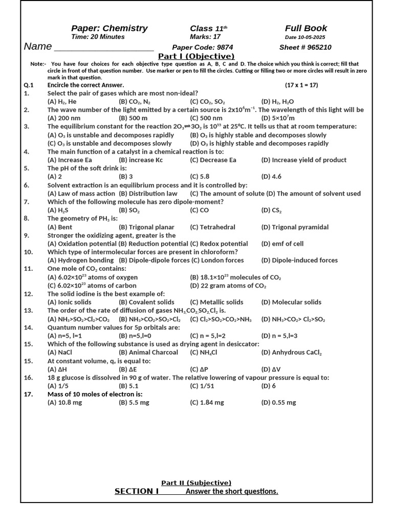 Class 11 Chemistry Exam Paper | PDF | Redox | Molecules