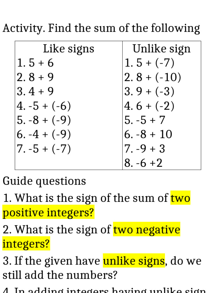 Adding Integers: Grade 7 Activity | PDF