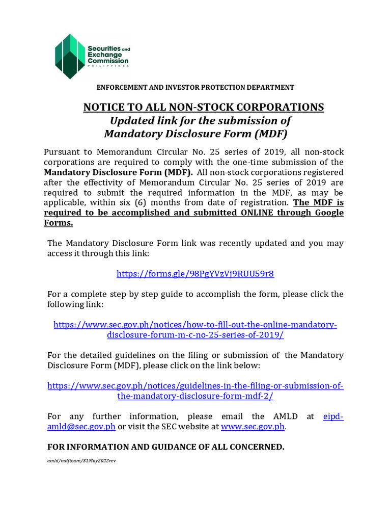 Updated MDF Submission for Non-Stock Corporations | PDF