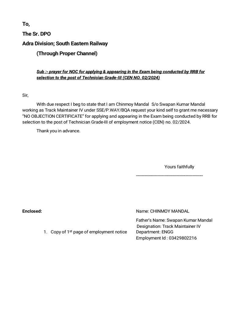 To, The Sr. DPO Adra Division South Eastern Railway (Through Proper ...