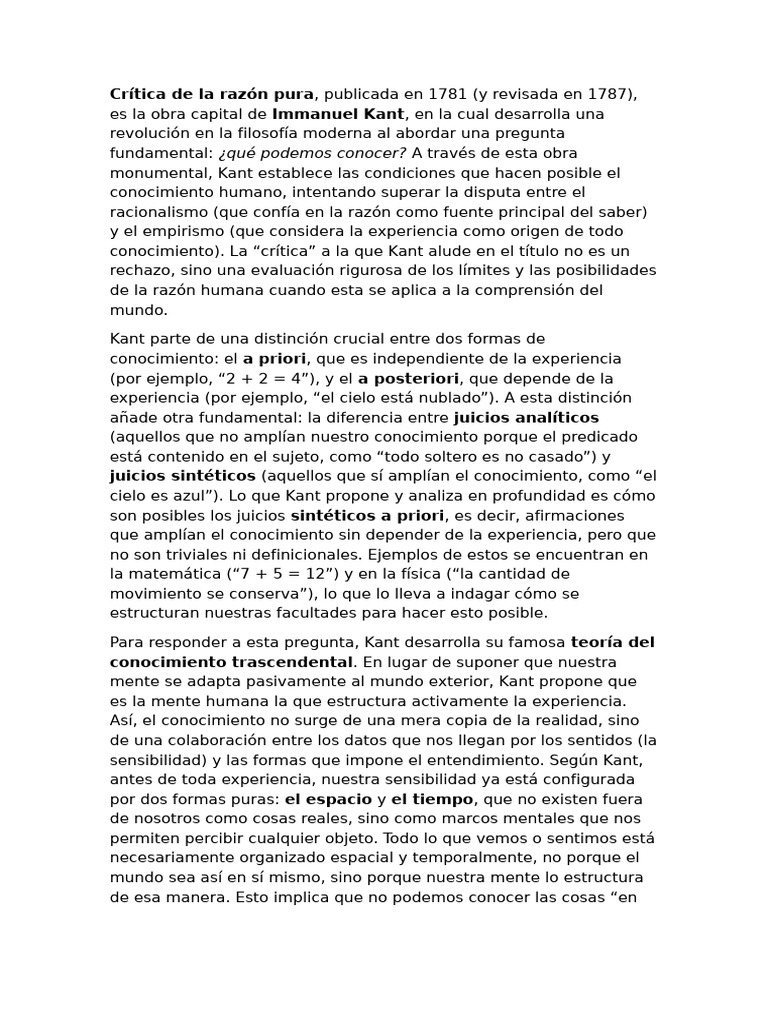 Crítica de la razón pura de Kant | PDF | Immanuel Kant | A priori y a ...