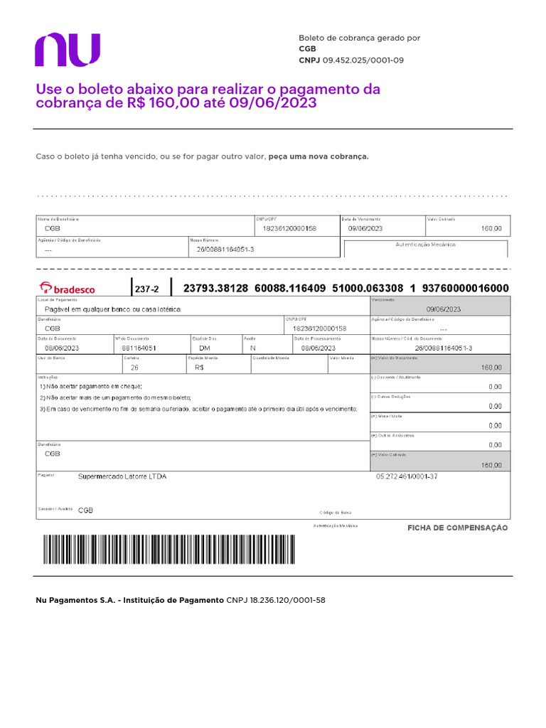 Boleto de Cobrança R$ 160,00 - Nu Pagamentos | PDF