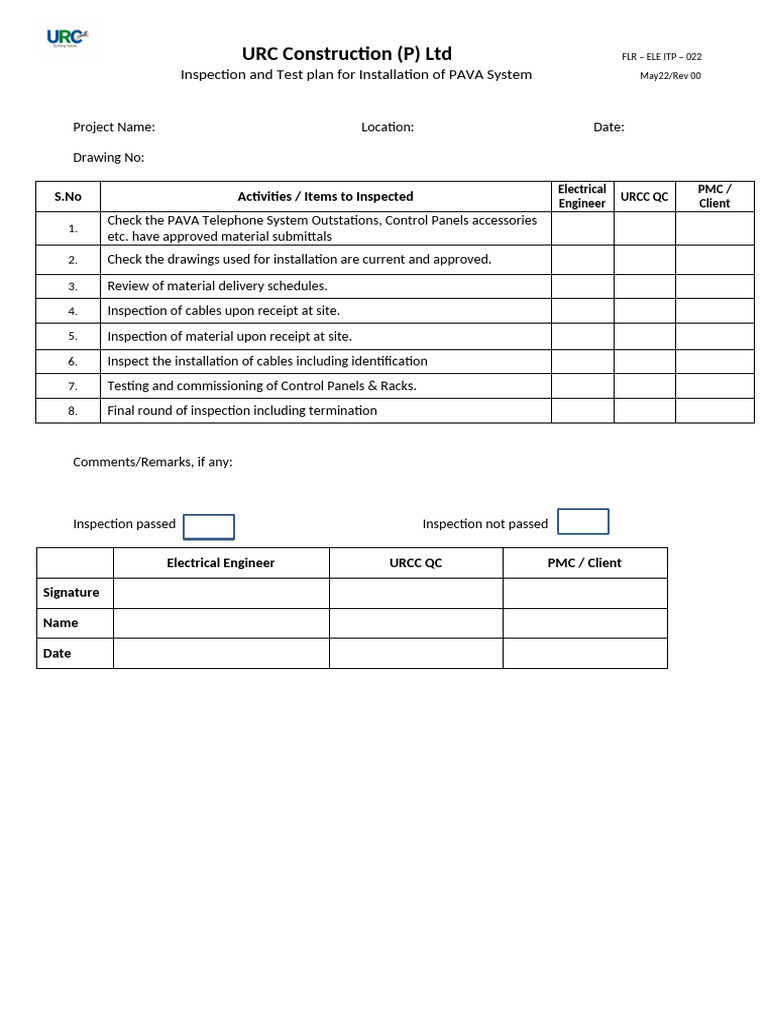 PAVA System Installation ITP | PDF