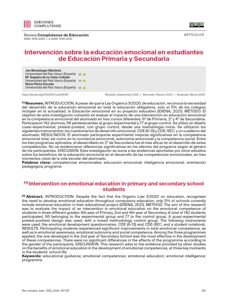 ART. COMP. EMOC. ESPAÑA | PDF | Educación primaria | Las emociones