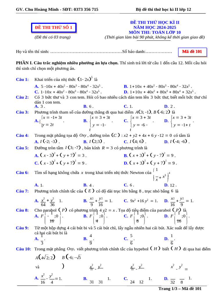 05 de Thi Thu Cuoi Hoc Ki 2 Mon Toan 10 Nam Hoc 2024 2025 Co Dap An | PDF
