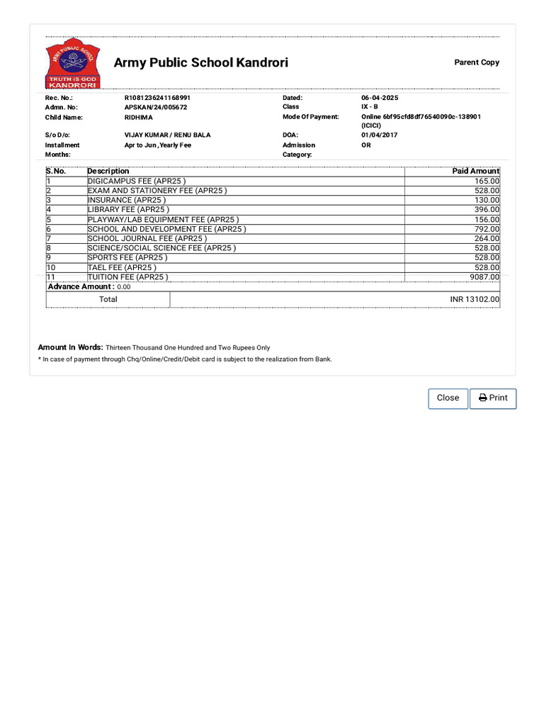 Fee Receipt for Class IX - B Student | PDF | Payments | Financial Services