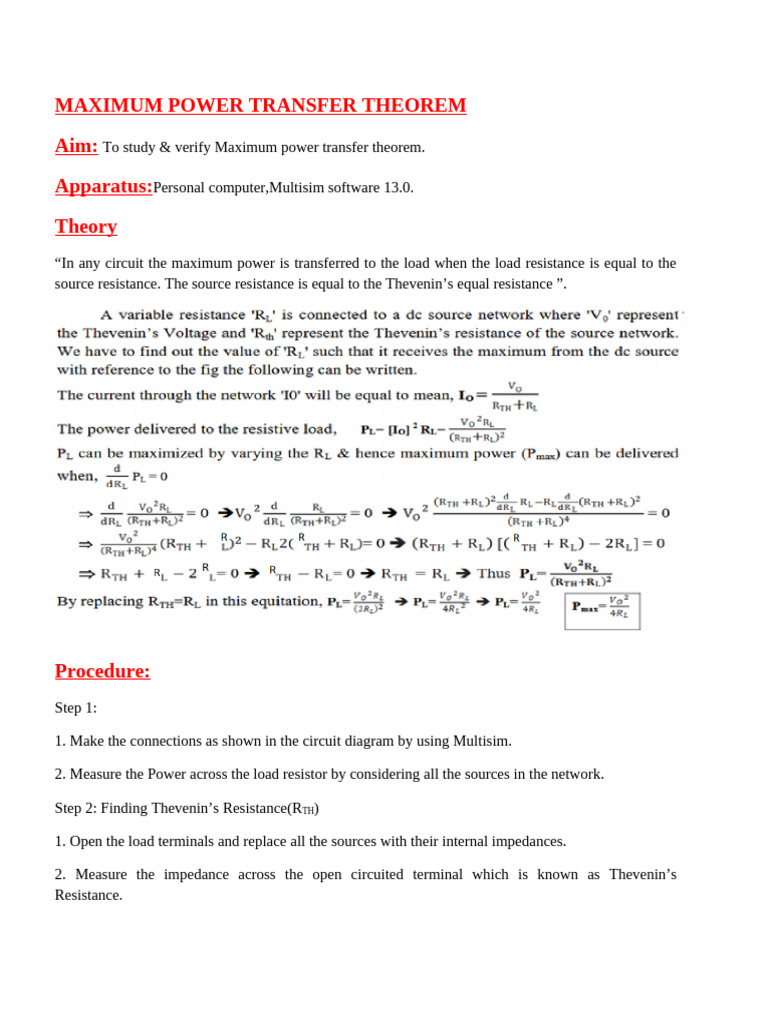 Maximum Power Transfer Theorem Pdf Electrical Network Resistor