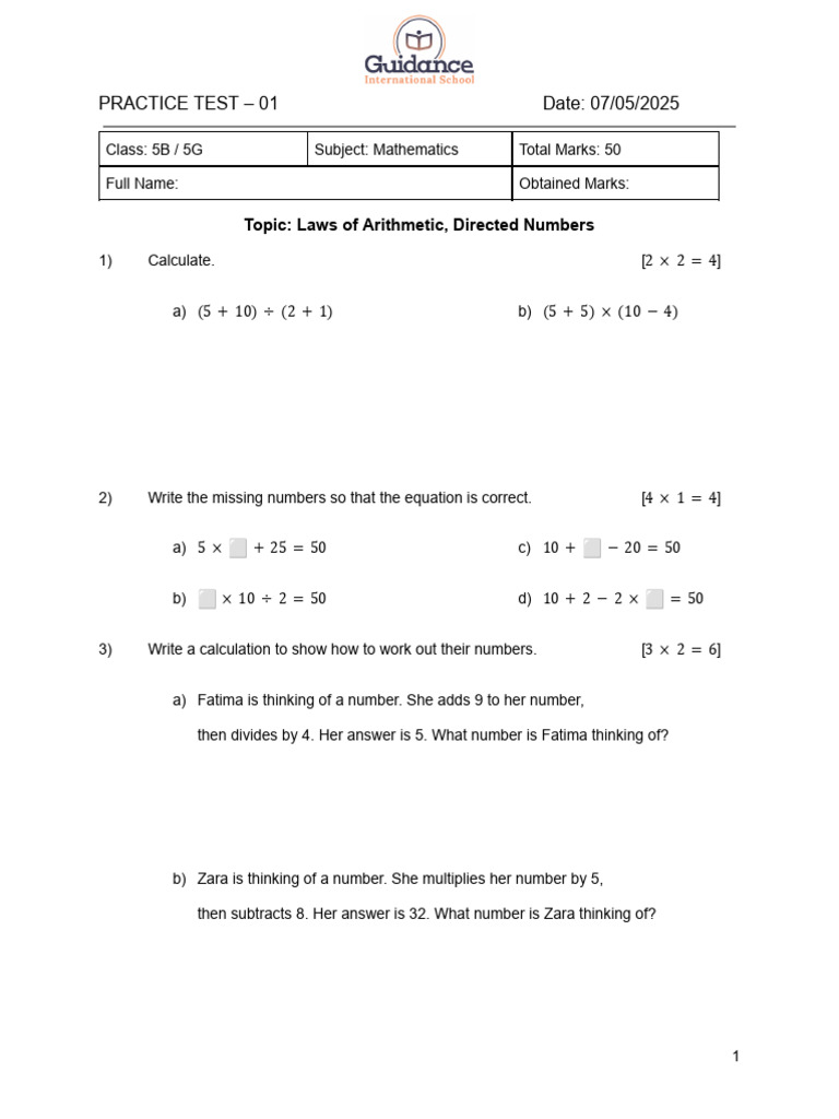 Math Practice Test for Class 5B/5G | PDF | Mathematics | Arithmetic
