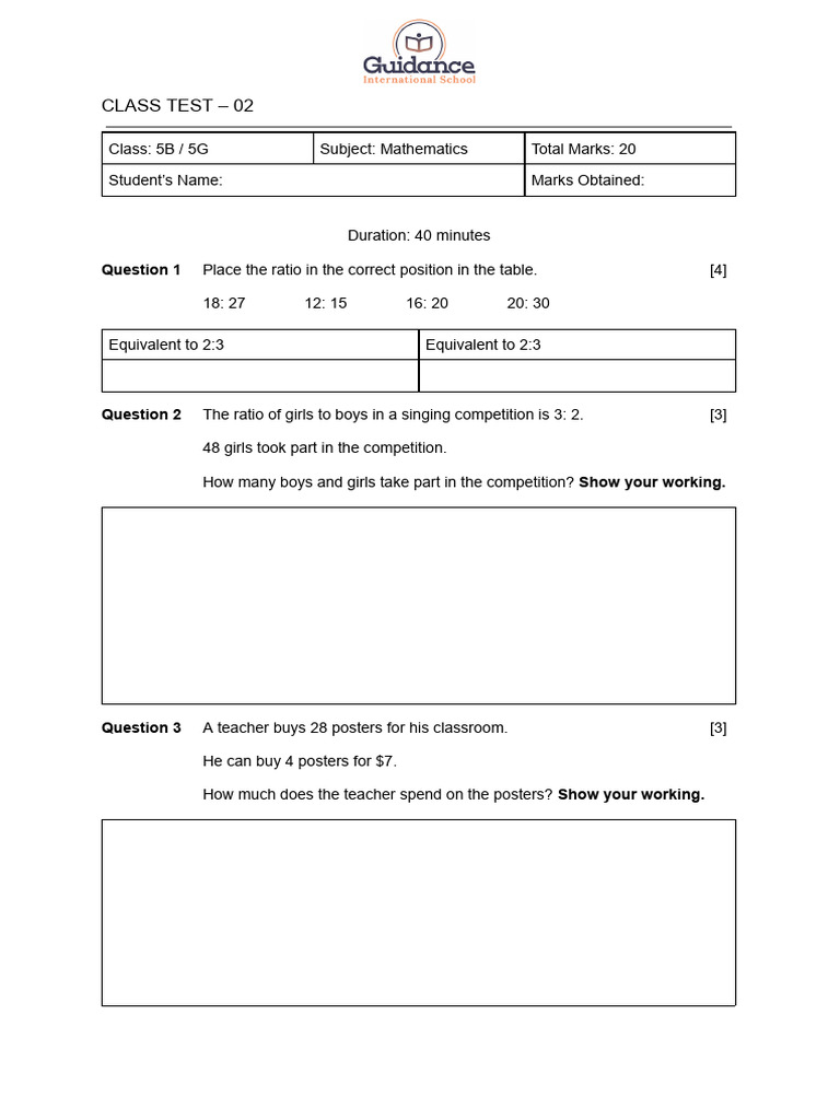 Class 5B/G Mathematics Test 02 | PDF