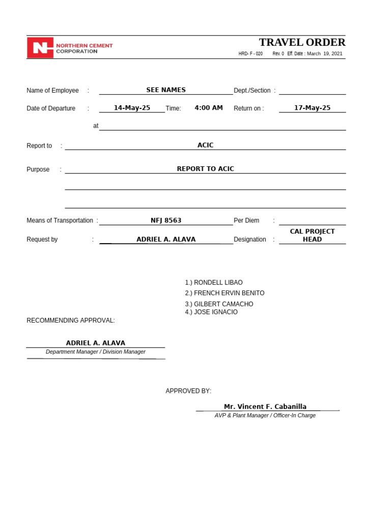 HRD-F-020 Travel Order | PDF