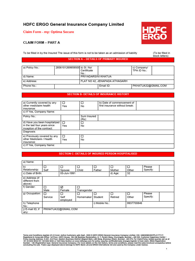 HDFC Ergo Optima Secure Claim Form | PDF | Receipt | Identity Document