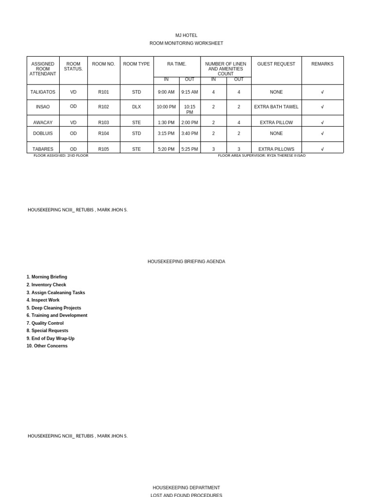 Housekeeping Room Monitoring Guide | PDF | Housekeeping