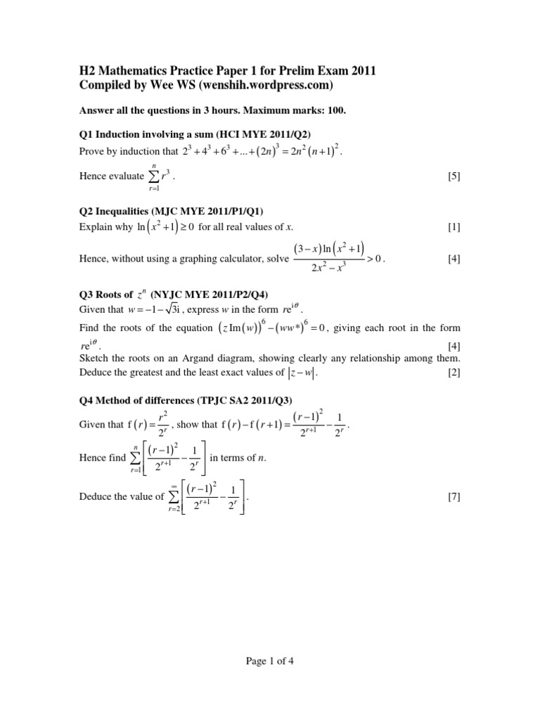 H2 Math Prelim Practice Paper 2011 | PDF | Plane (Geometry) | Sequence