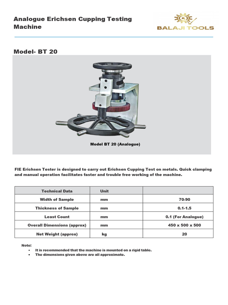 Erichsen Cupping Test Machine BT 20 | PDF