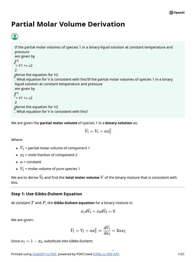Partial Molar Volume Derivation | PDF | Molar Concentration | Physical ...