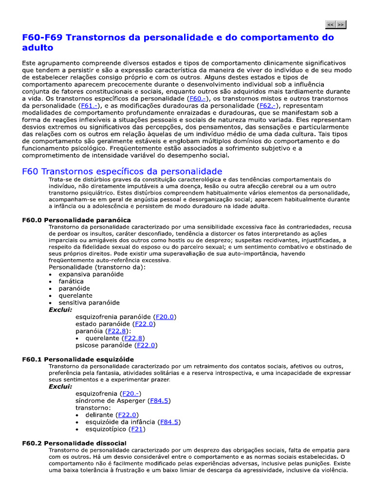 F60-F69 Transtornos da personalidade e do comportamento do adulto | PDF
