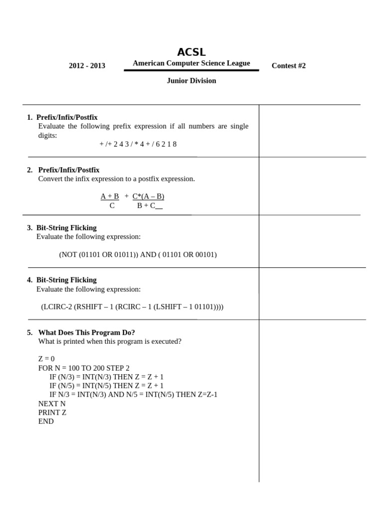 American Computer Science League Junior Division 2012 - 2013 Contest #2 ...