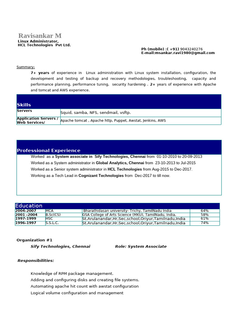 Linux Administrator Resume - Ravisankar M | PDF | Apache Http Server | Php