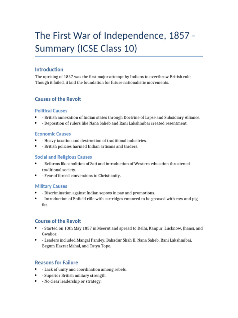 First_War_of_Independence_1857_ICSE_Summary (1) | PDF