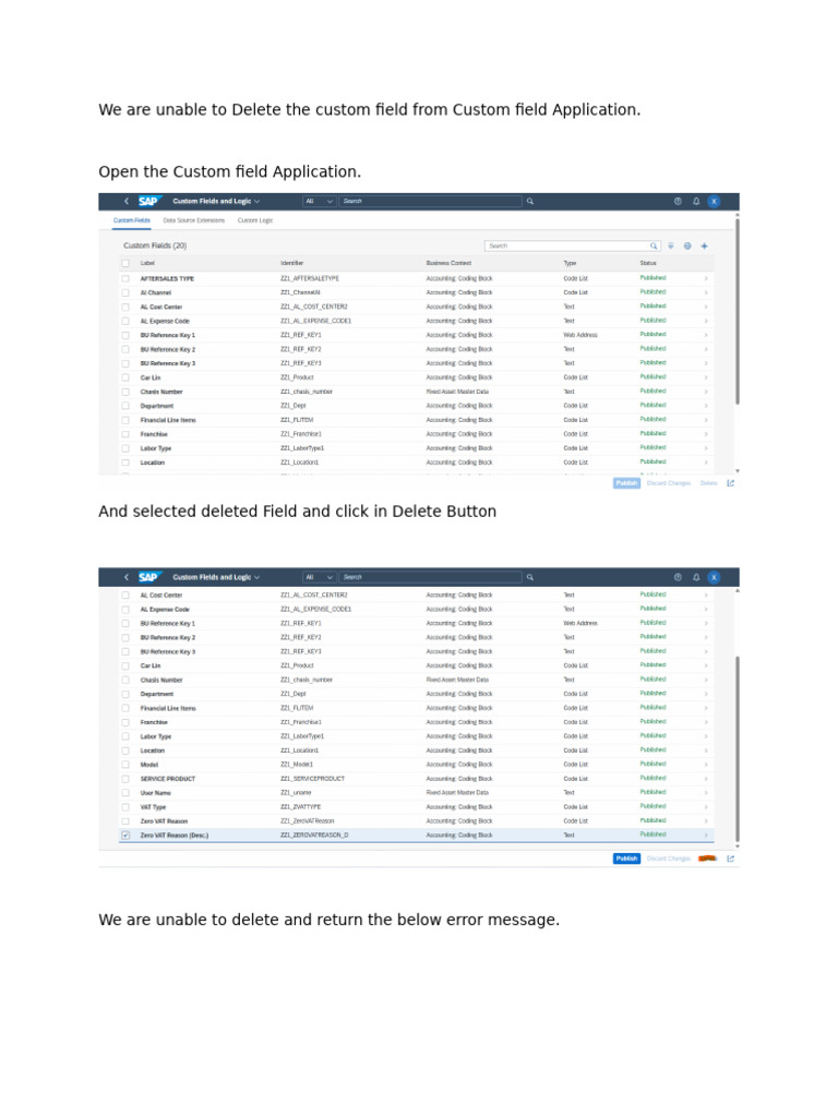 Custom Field Deletion Error | PDF