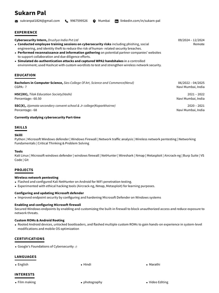 Cybersecurity Intern Profile and Skills | PDF | Computer Security ...