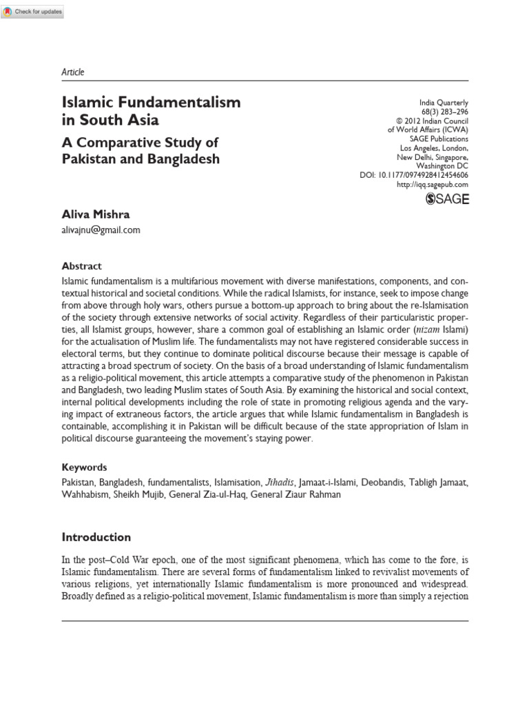 Mishra 2012 Islamic Fundamentalism in South Asia A Comparative Study of ...