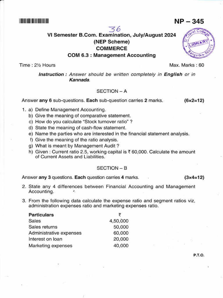 Management Accounting Exam Paper 2024 | PDF | Balance Sheet | Working ...