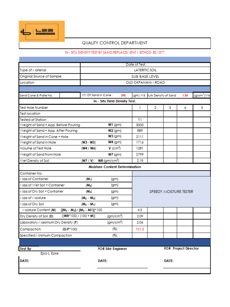 Field Test - Insitu Density Test-Okpanam Road - XLSX (Group) | PDF ...