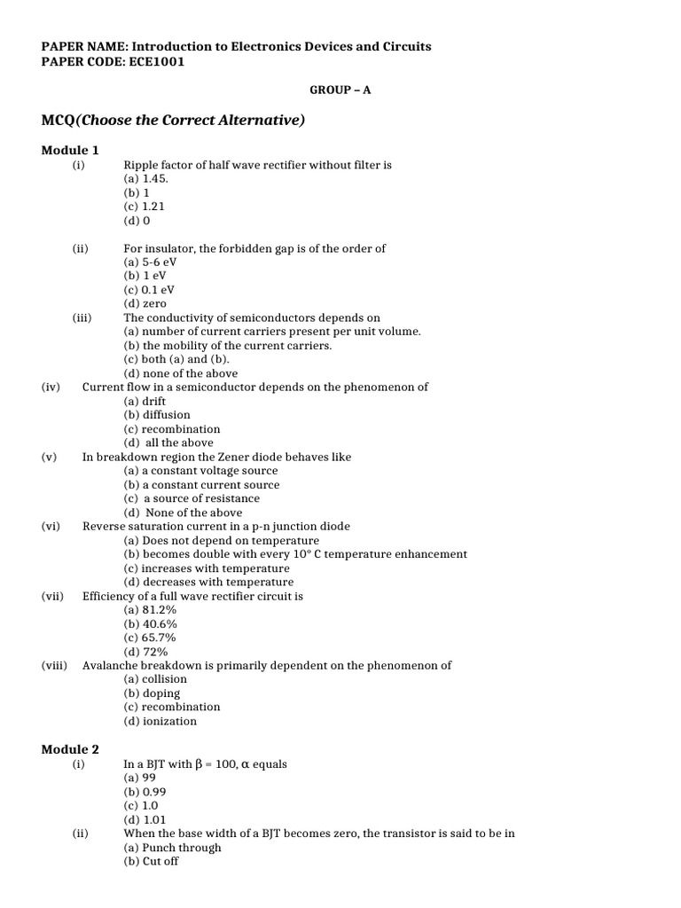 Electronics Devices and Circuits MCQs | PDF | Field Effect Transistor ...