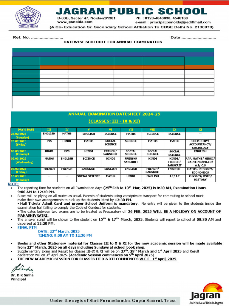 Annual Examination Schedule 2024-25 | PDF