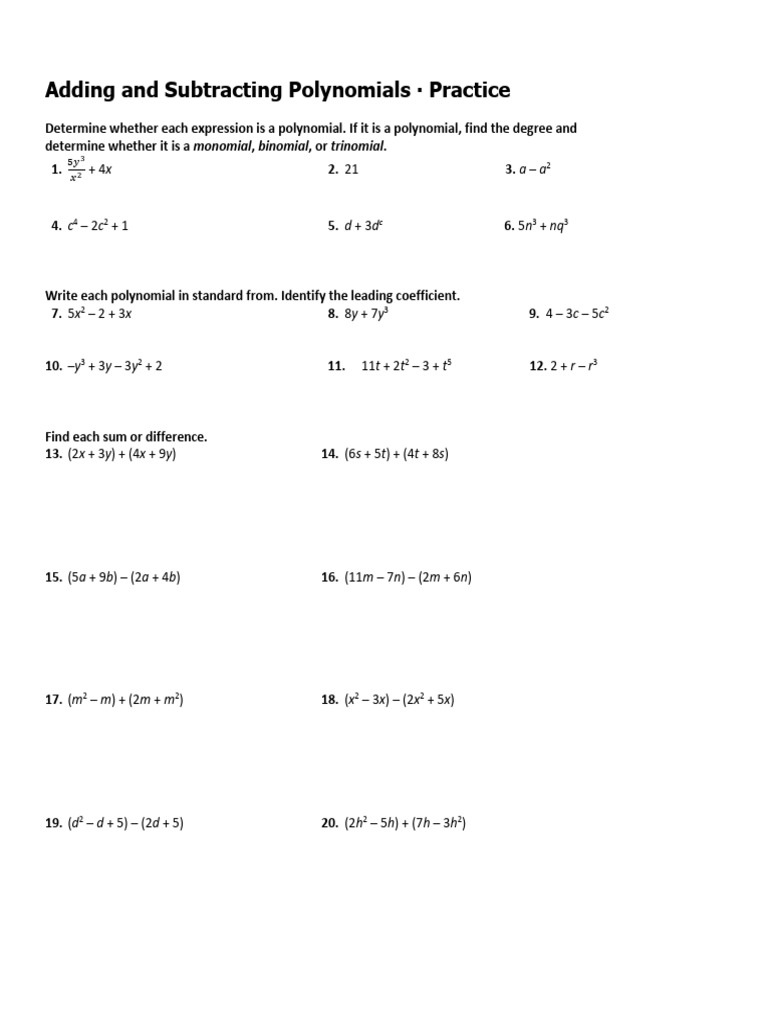 Adding and Subtracting Polynomials Guide | PDF