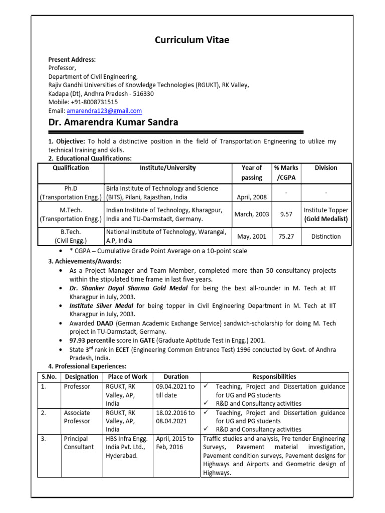 Dr. Amarendra Kumar Sandra CV | PDF | Road Surface | Road