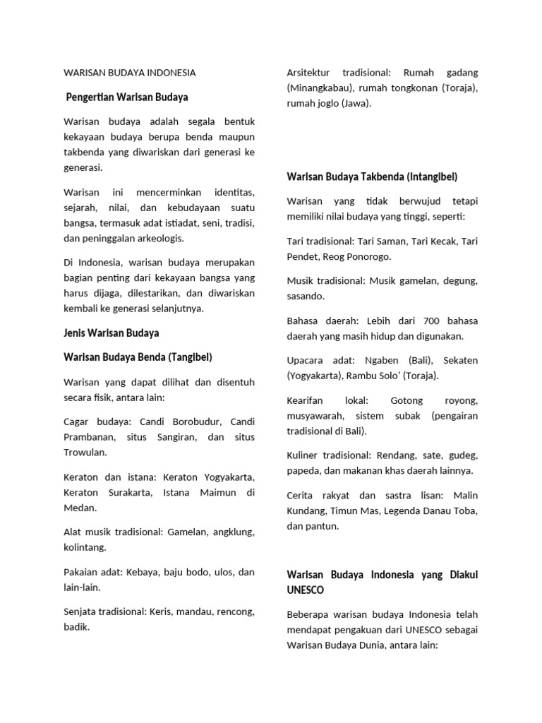 Manfaat dan Jenis Warisan Budaya Indonesia | PDF