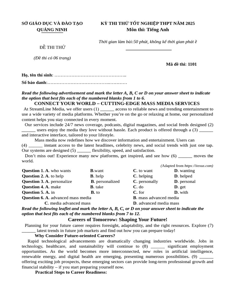 Mock Exam for 2025 English Test | PDF | Meat | Sustainability