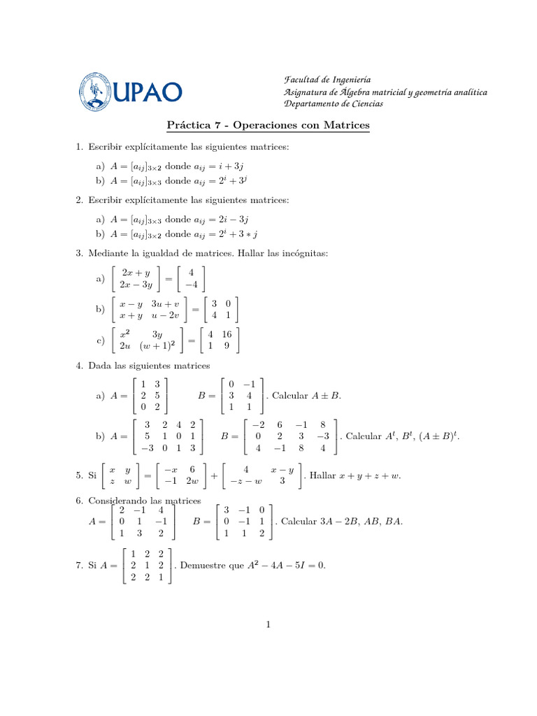 Ejercicios De Operaciones Con Matrices PDF Matriz Matem ticas 