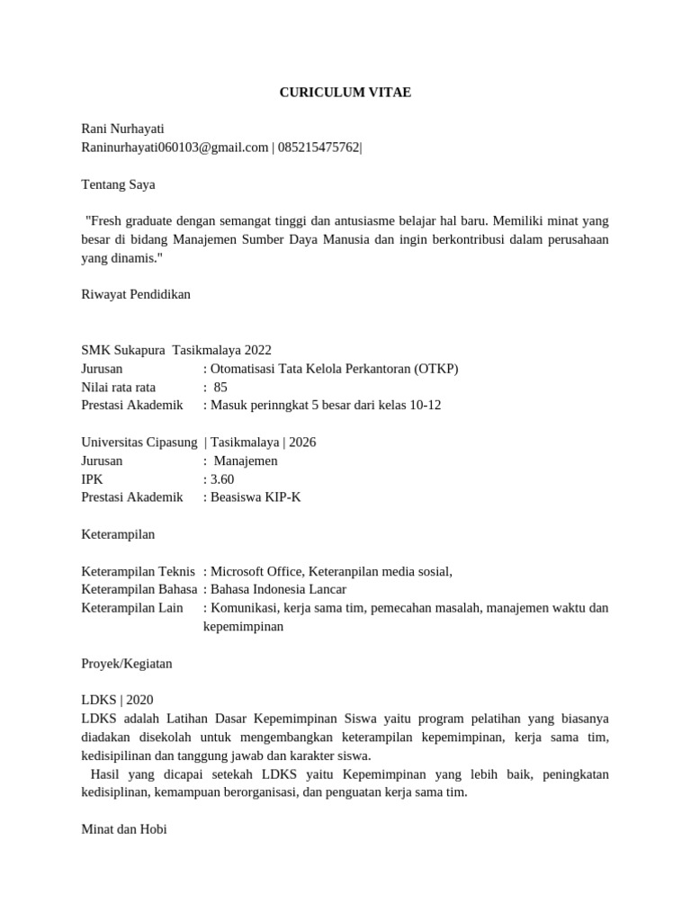 Contoh-dan-Template-CV Fresh Graduate | PDF