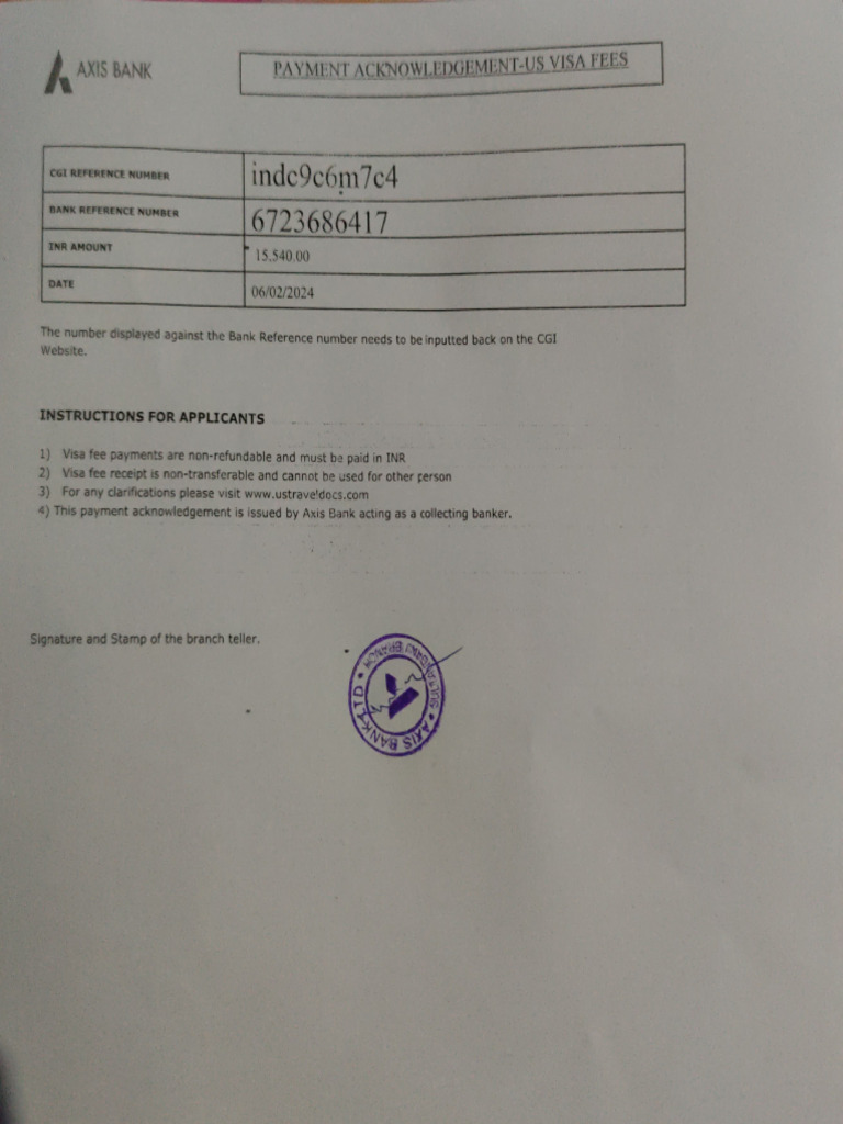 Axis Bank Visa Fee Payment Acknowledgement | PDF