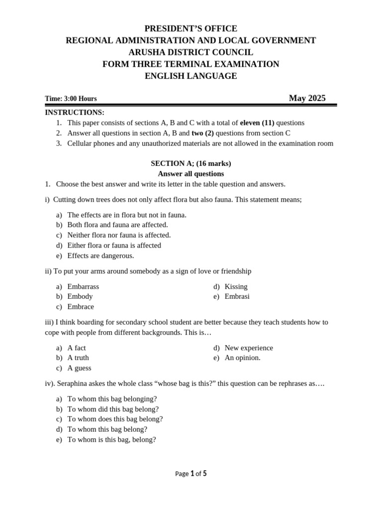 Form Three English Exam Instructions | PDF | Linguistic Morphology | Syntax