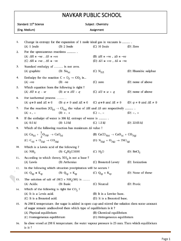STD 11TH Chemistry Assignment em 2ND Term | PDF