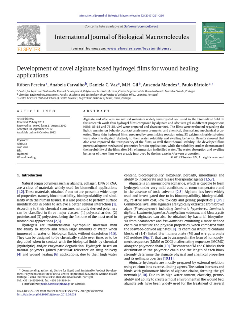 Development of Novel Alginate Based Hydrogel Films For Wound Healing ...