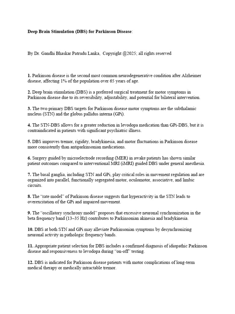 Deep Brain Stimulation For Parkinson Disease | PDF | Deep Brain ...