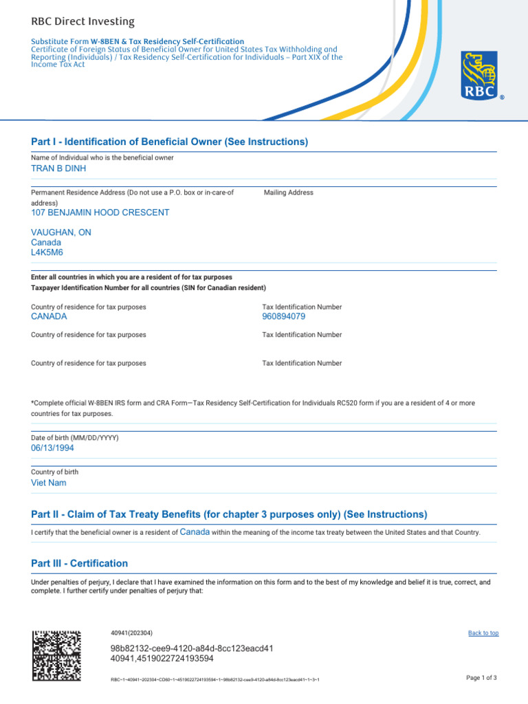 RBC W-8BEN & Tax Residency Form | PDF | Government Finances | Payments
