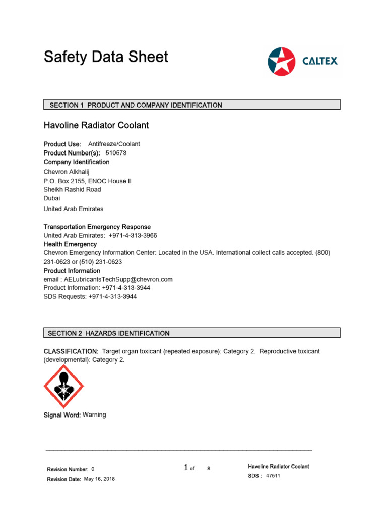 Havoline Radiator Coolant Safety Data | PDF | Safety | Working Conditions