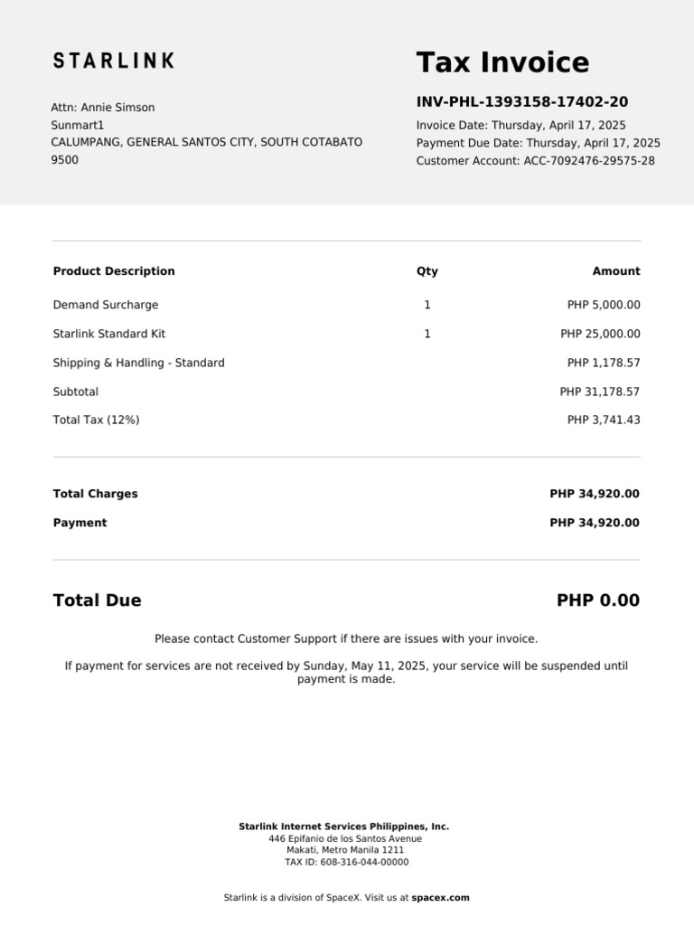 Starlink Invoice for Sunmart1 Services | PDF | Invoice | Space X