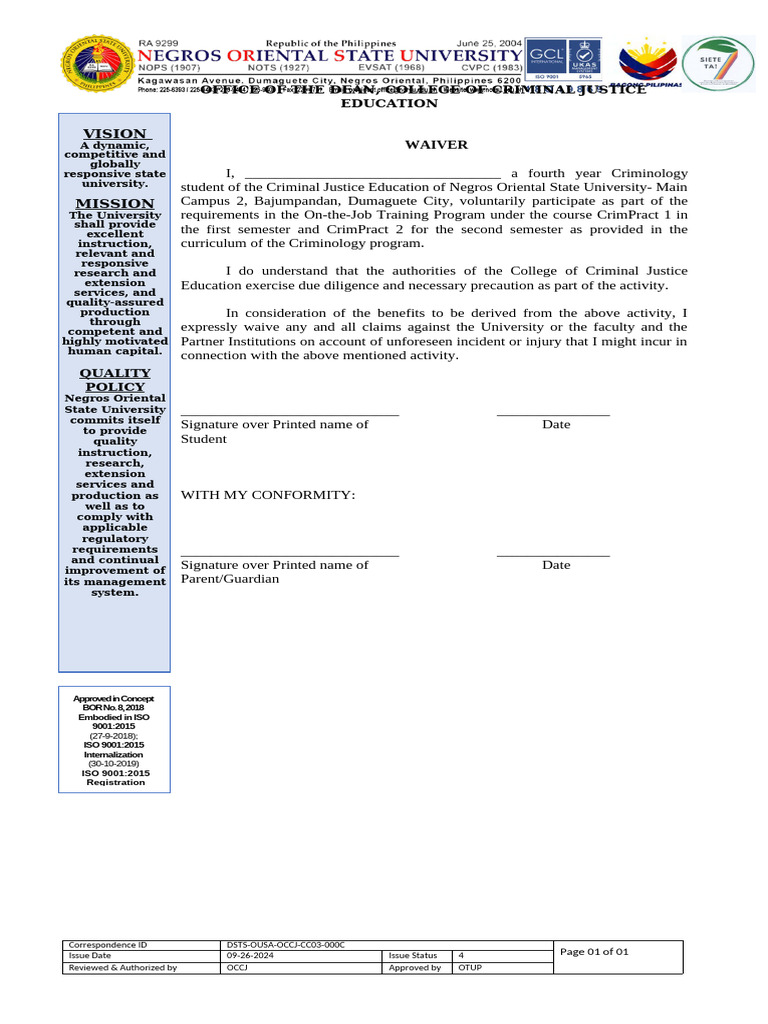 Criminology Program Training Waiver | PDF | Justice | Crime & Violence