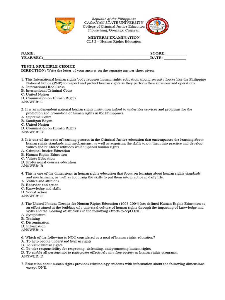 Human Rights Education Midterm Exam | PDF | Human Rights | Bail